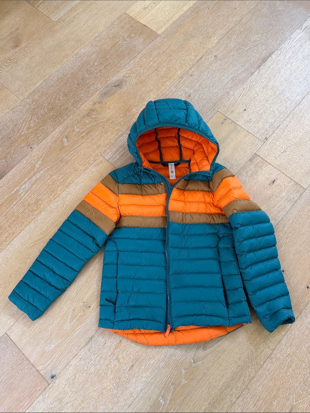 all in motion Down Teal Hooded Puffer with Orange & Brown Stripe